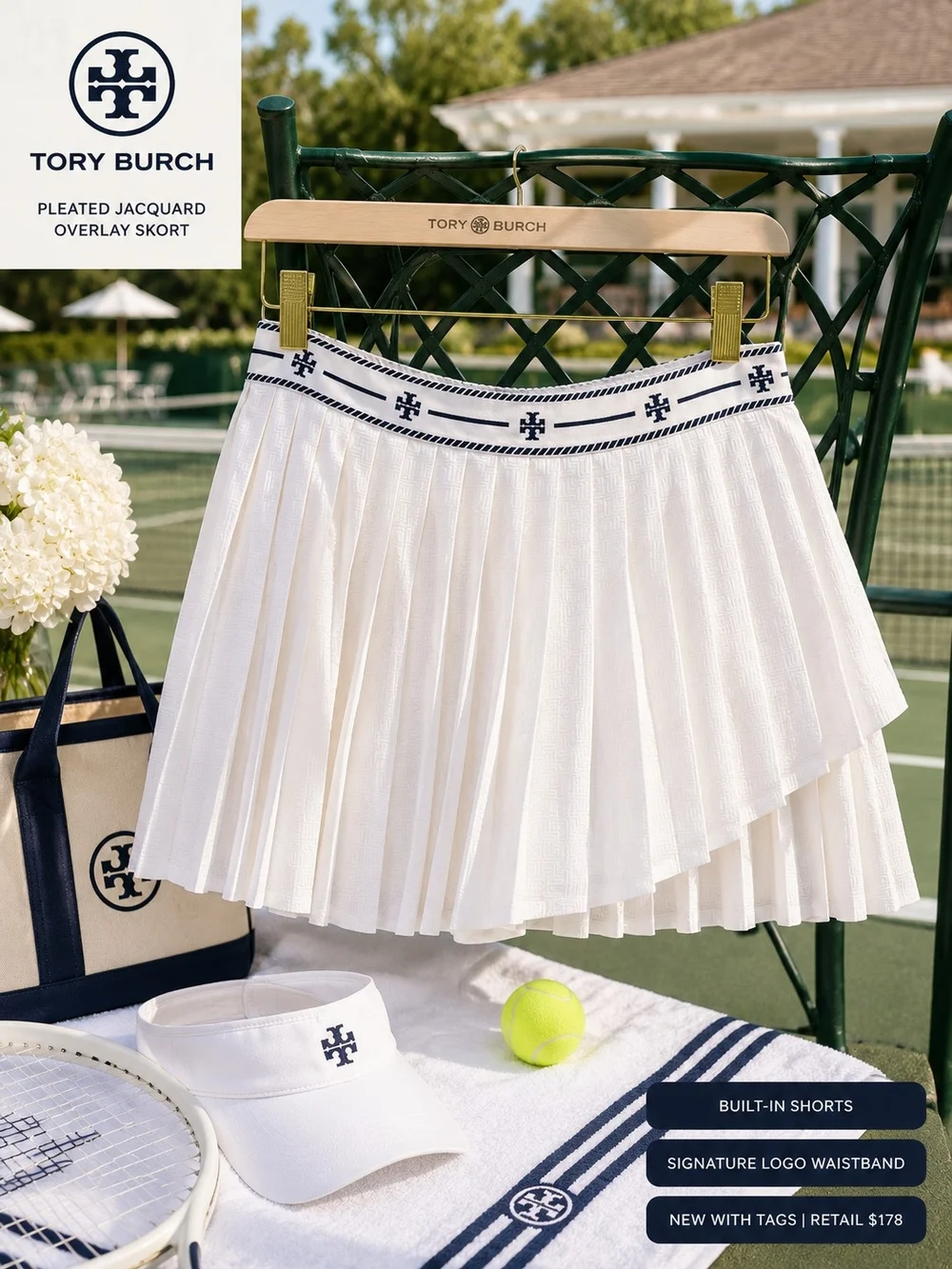 NWT Tory Burch Pleated Jacquard Overlay Skort Snow White L $178